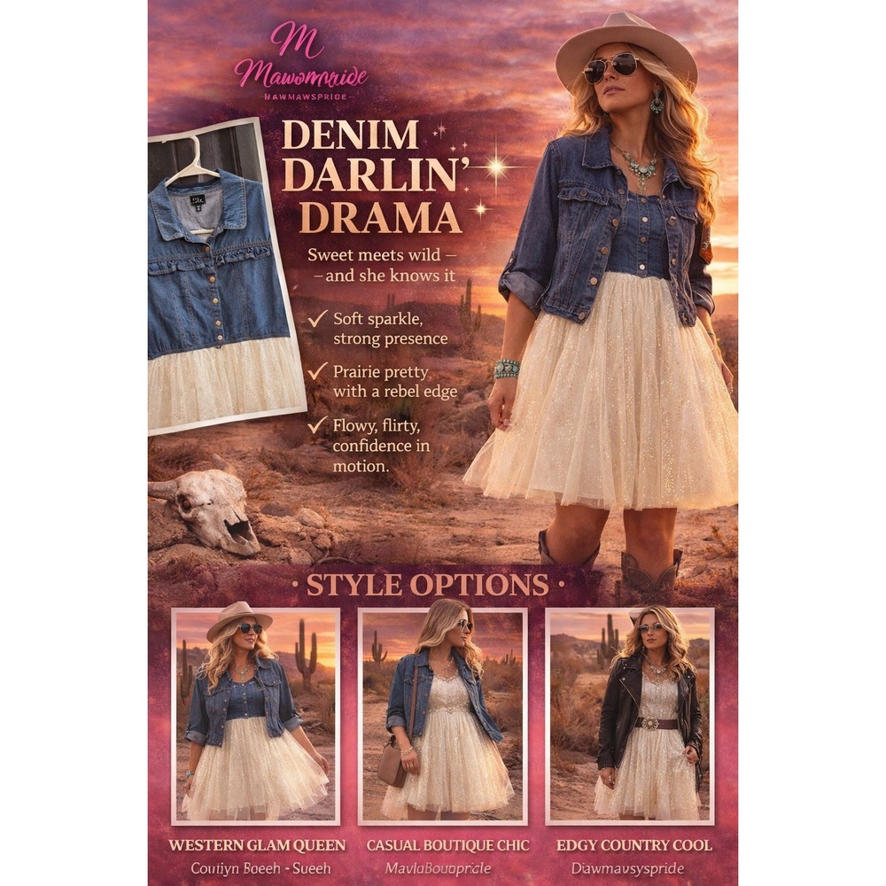 Denim & Sparkle Tulle Dress XL Western Glam Layered Babydoll Dress Boutique